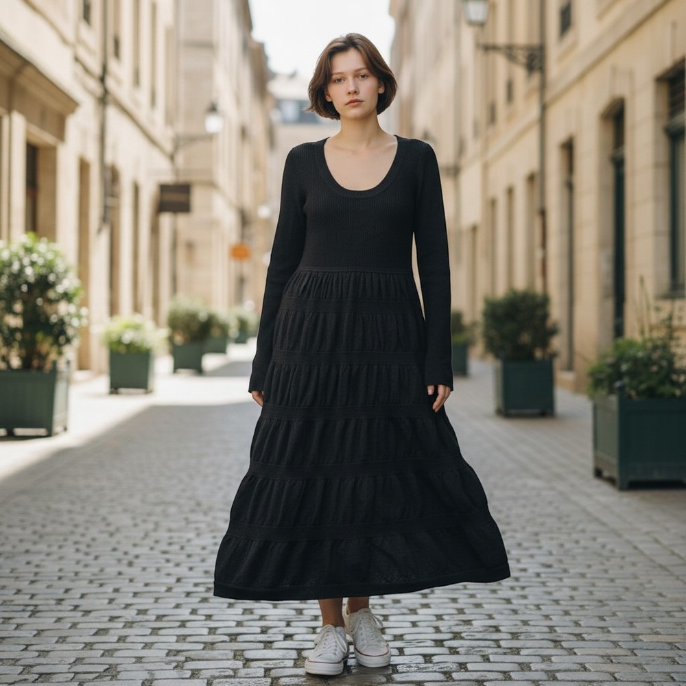 Womens Sweater Dress Black Merino Wool Tiered Ruffle Knit Calvin Klein